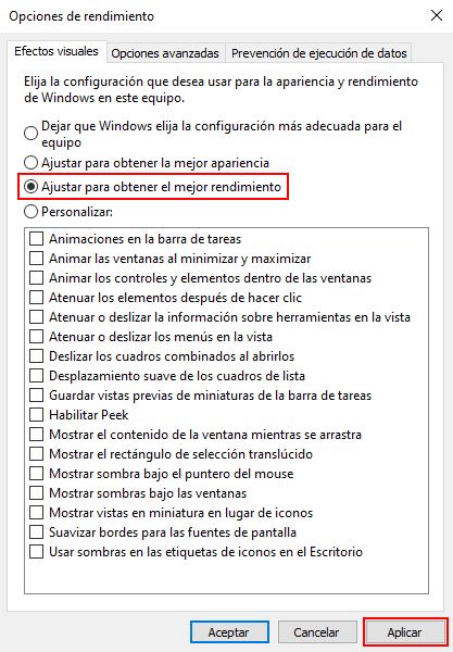 Opciones de Rendimiento