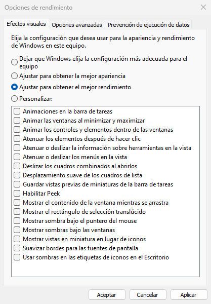 Opciones de rendimiento