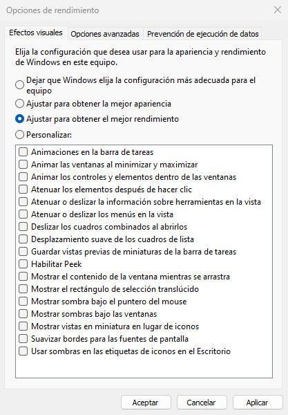 Opciones de rendimiento